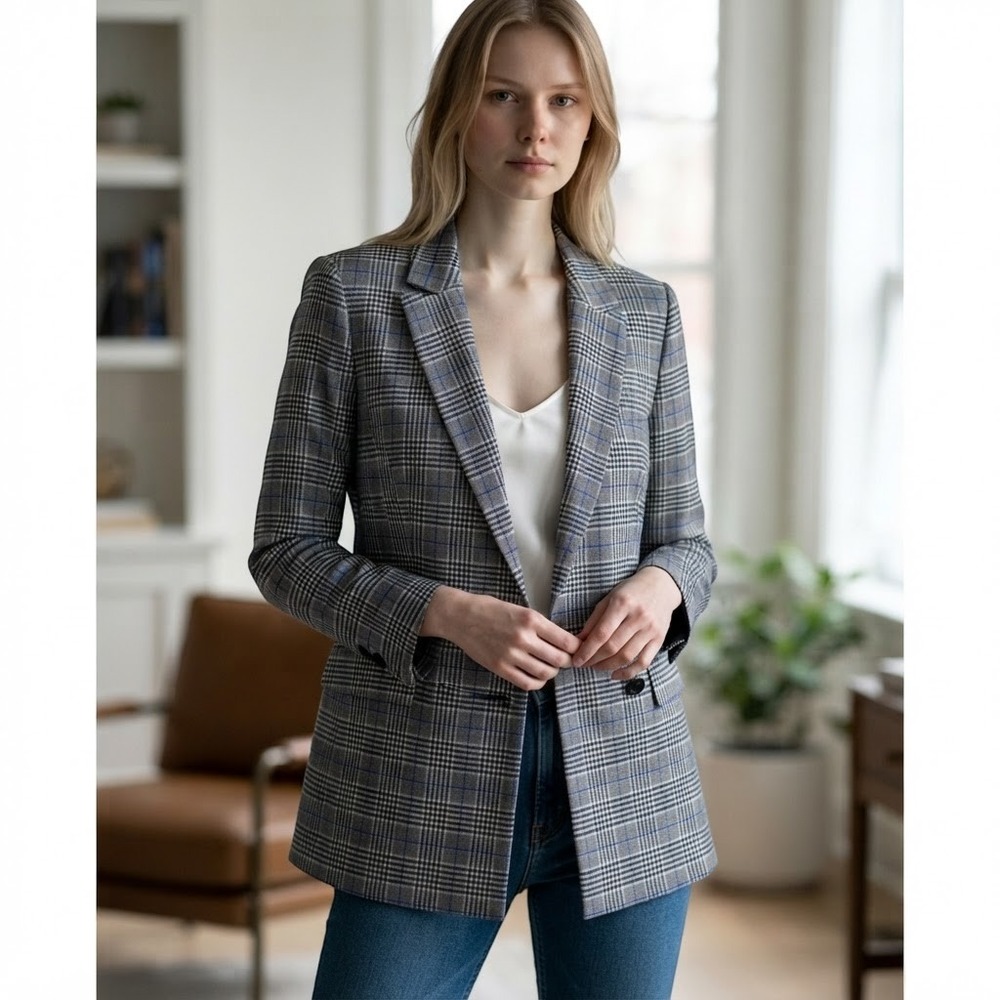 Talbots Blazer Womens 14W Blue Black Plaid Double Breasted Cotton Blend Jacket